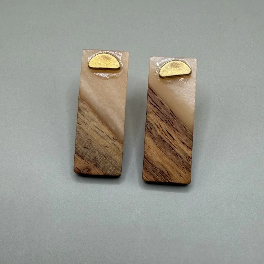 Handmade Wood & Resin Rectangle Stud Earrings – Neutral Boho Minimalist